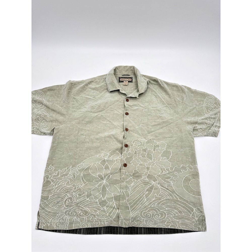 Jamaica Jaxx Mens Large 100% Silk Jacquard Floral Embroidered Camp Shirt Sage